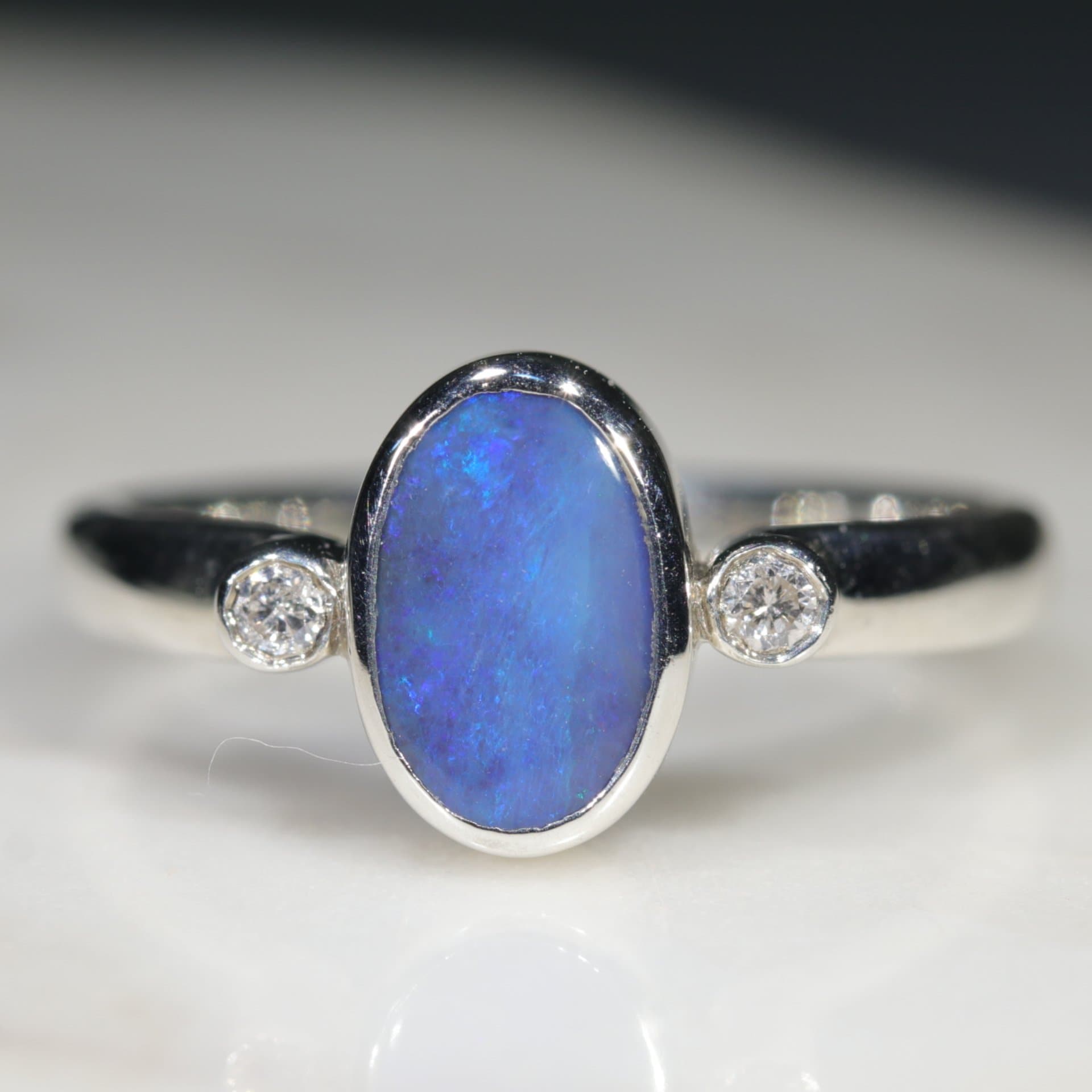 Australian Blue Opal Ring Sterling Silver with Diamonds Ring