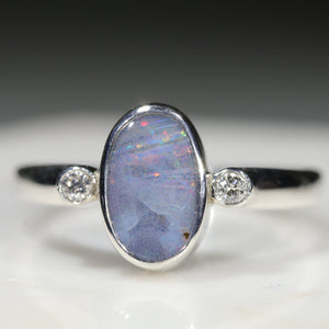 Natural Australian Boulder Opal Silver and Diamond Ring