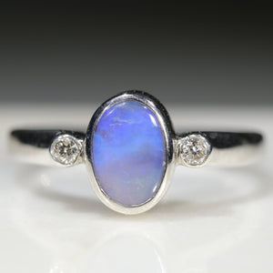 Natural Australian Boulder Opal and Diamond Silver Ring