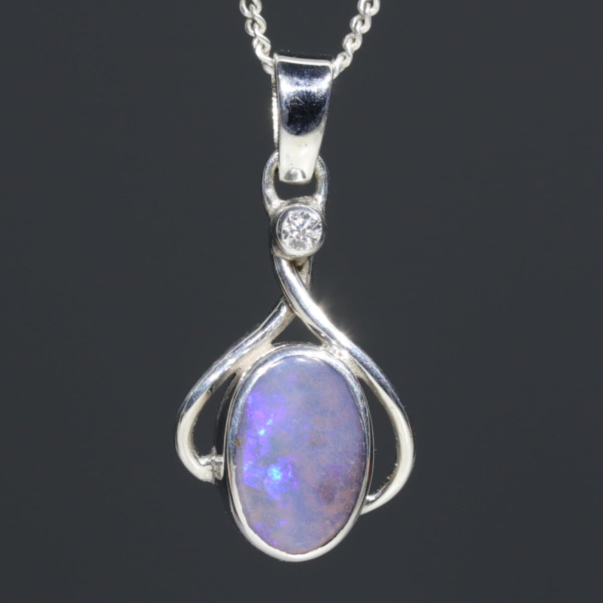 Australian Boulder- Natural Opal Pendant and Diamond- Silver