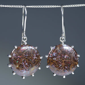 Natural Australian Solid Matrix Boulder Opal Silver Earrings
