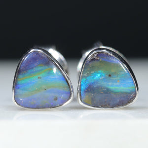 Natural Australian Solid Boulder Opal Silver Studs
