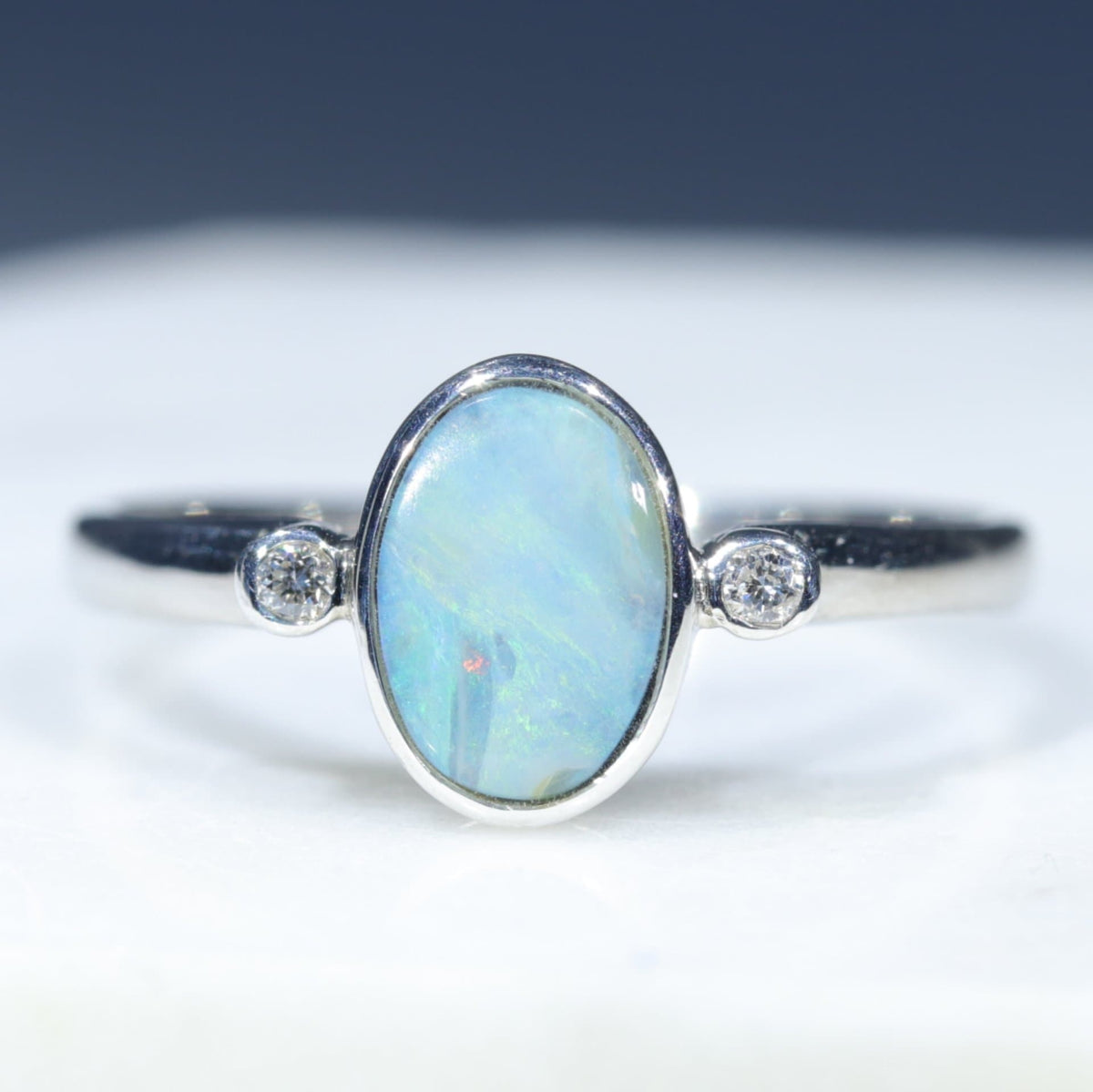 Australian Silver Opal and Diamond Ring - Size 6-25