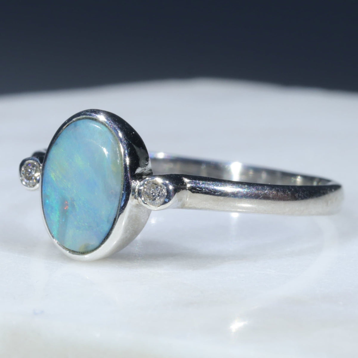 Australian Silver Opal and Diamond Ring - Size 6-25