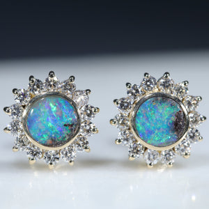 Natural Australian Boulder Opal Gold and Diamond Earrings