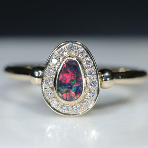 Natural Australian Lightning Ridge Black Opal Gold and Diamond Ring