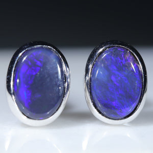 Natural Australian Black Opal Silver Studs