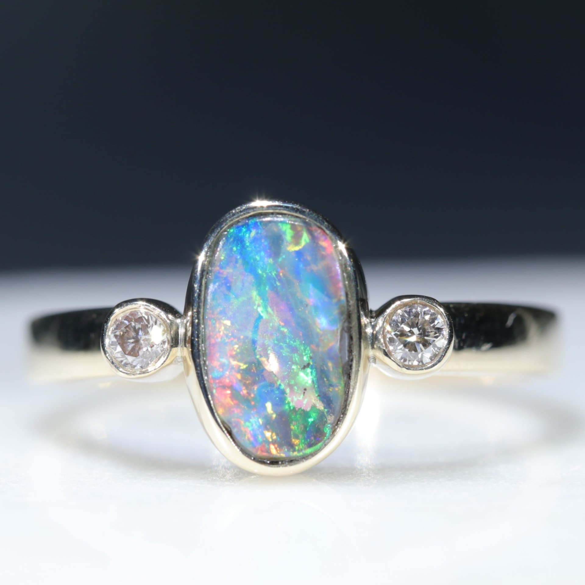 Natural Australian Boulder Opal Gold Ring and Diamonds Gold Ring