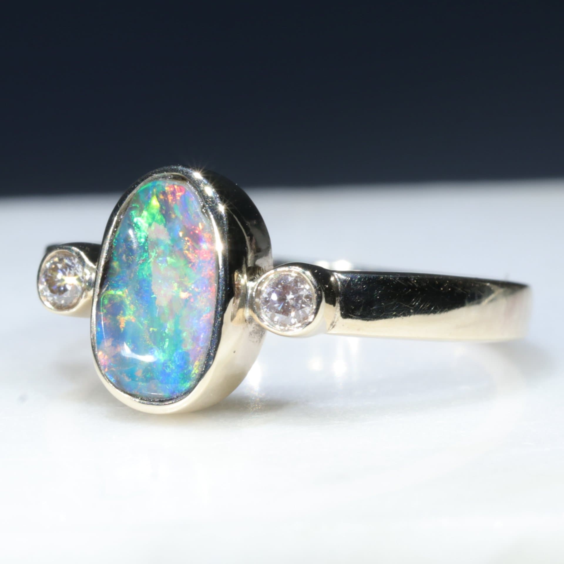Natural Australian Boulder Opal Gold Ring and Diamonds Gold Ring