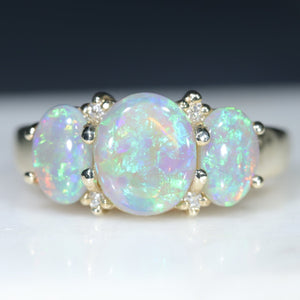 Natural Australian Crystal Opal Trilogy Gold Ring With Diamonds 