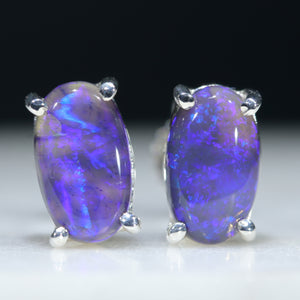 Natural Australian Black Opal Silver Studs