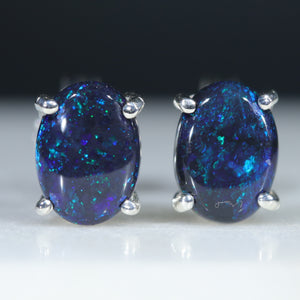 Natural Australian Black Opal Silver Studs