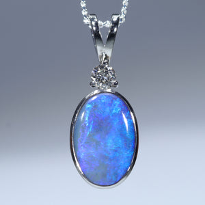 Natural Australian Black Boulder Opal White Gold and Diamond Pendant 