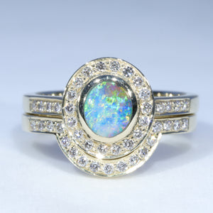 Natural Australian Opal Gold and Diamond Wedding Ring Set