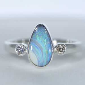 Natural Australian Boulder Opal Silver and Diamond Ring