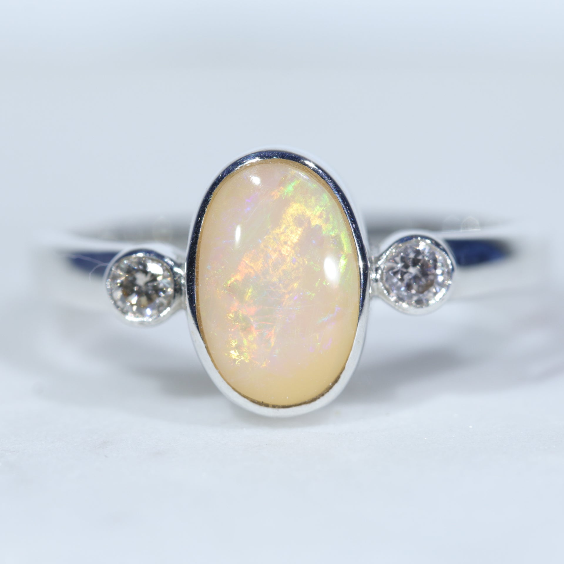 Australian Solid Boulder Opal and Diamond Silver Ring - Size 6.25 Code RM36