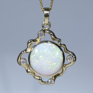 Natural Australian White Opal Gold and Diamond Pendant