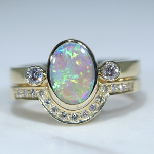 Natural Australian Crystal Opal Gold and Dimond Wedding Ring Set