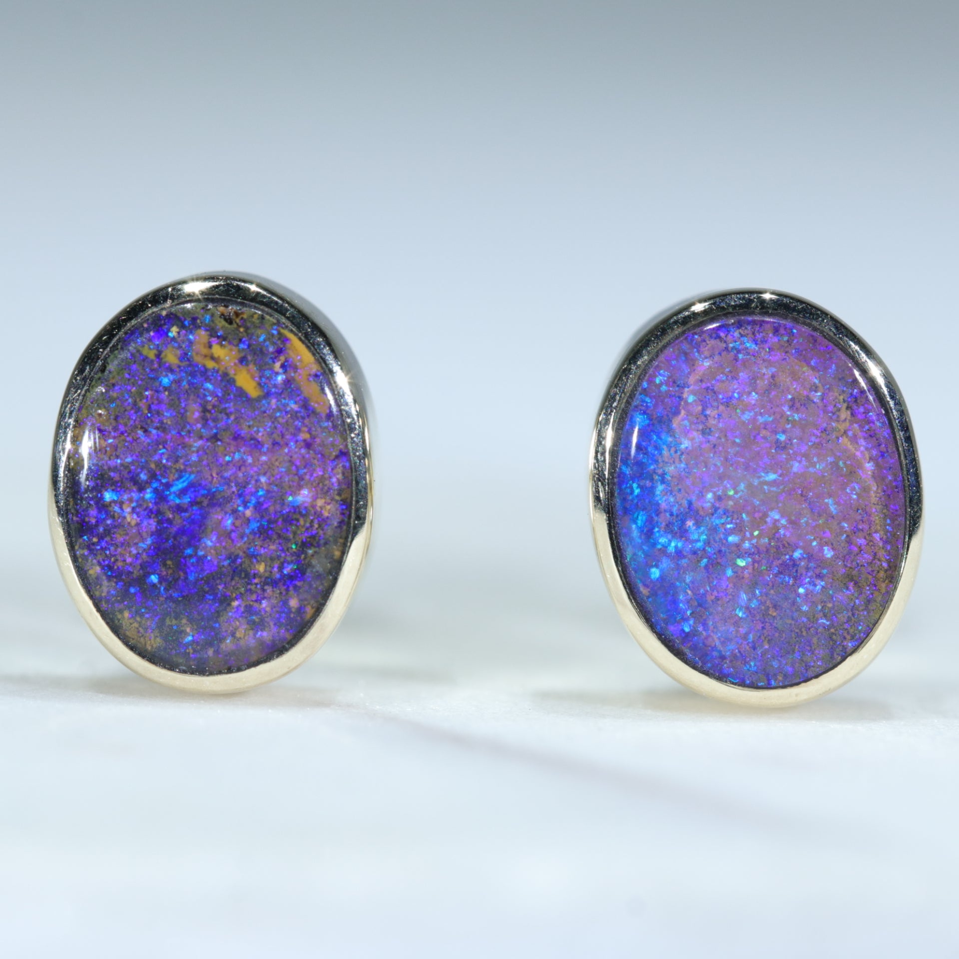Natural Australian Solid Boulder Opal Gold Earring Studs (7 x 5mm) Code EE10