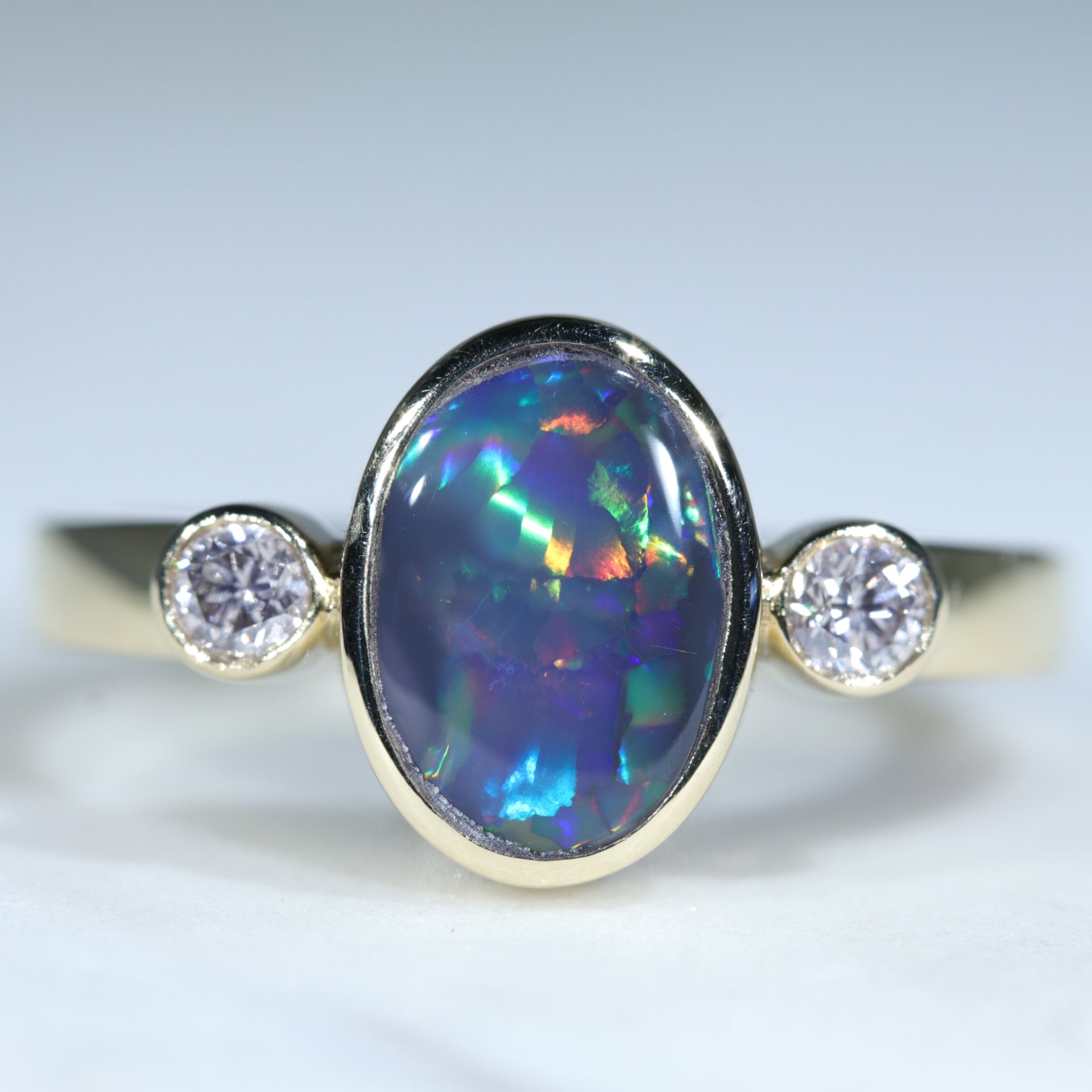 Natural Australian Black Opal Gold Ring and Diamonds