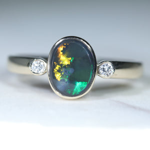 Natural Australian Solid Black Opal Ring with Diamonds