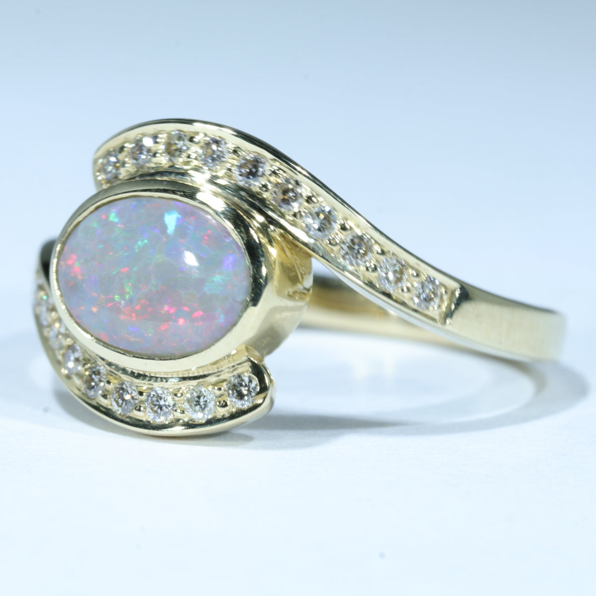Natural Australian Lightning Ridge Opal Ring - Diamonds