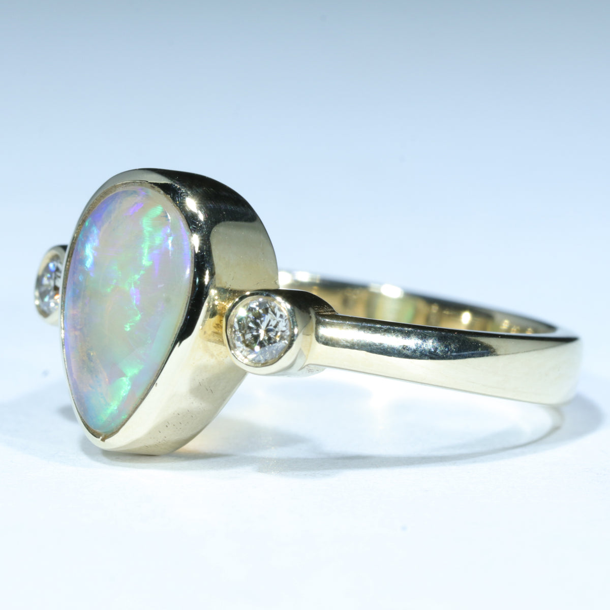 Natural Australian Lightning Ridge Opal Ring - Diamonds