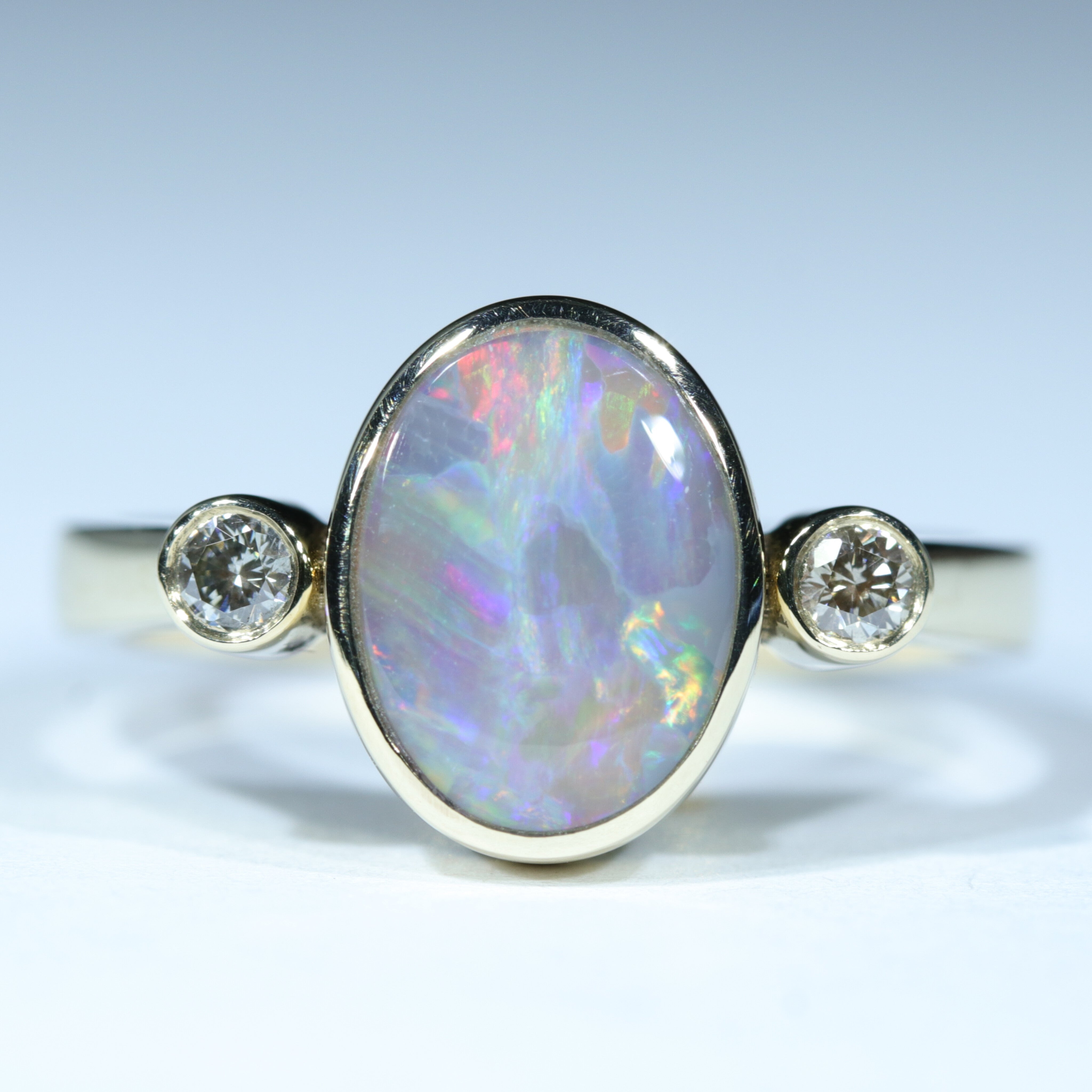 Lightning Ridge Dark Opal and Diamond Gold Ring - Size 7.5 US Code - EM121
