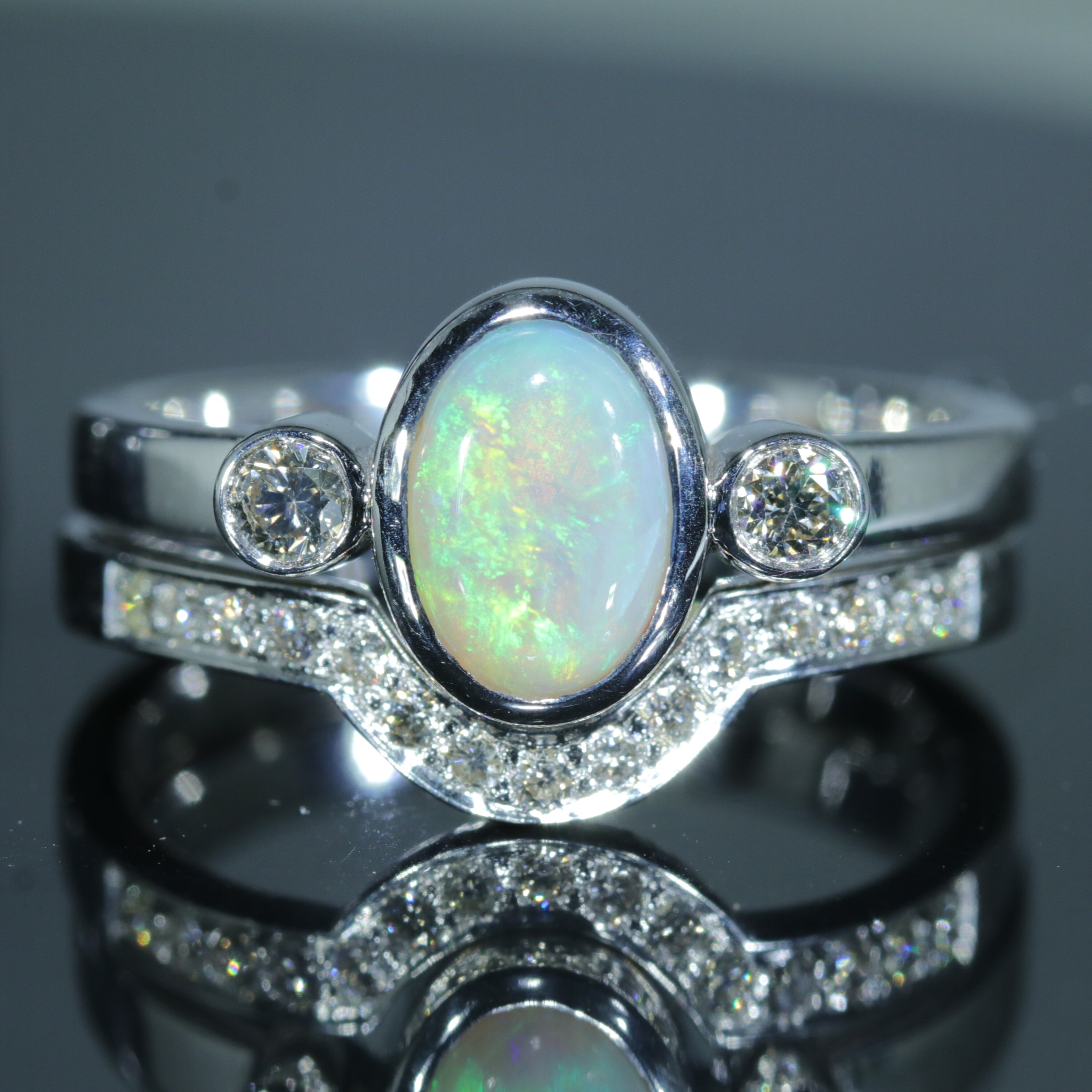 Natural Opal Engagement and Wedding Ring Set 14k White Gold