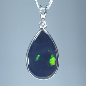 Natural Australian Black Opal Silver and Diamond Pendant