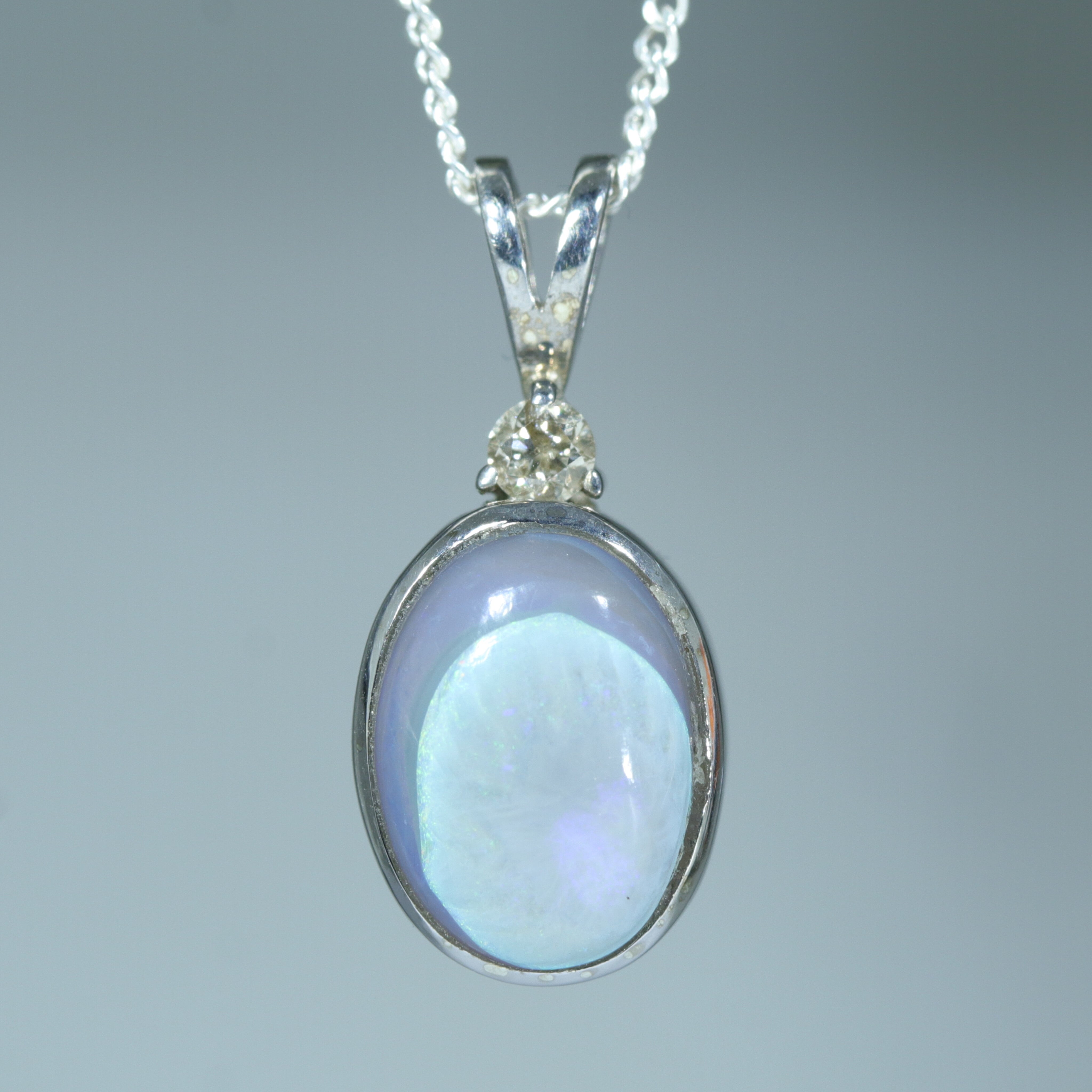 Australian Solid Opal and Diamond Silver Pendant with Silver Chain (10mm x 9mm) Code - FF213