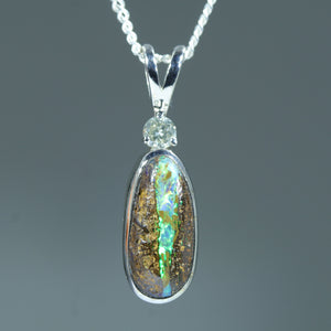 Natural Australian Boulder Opal Silver and Diamond Pendant