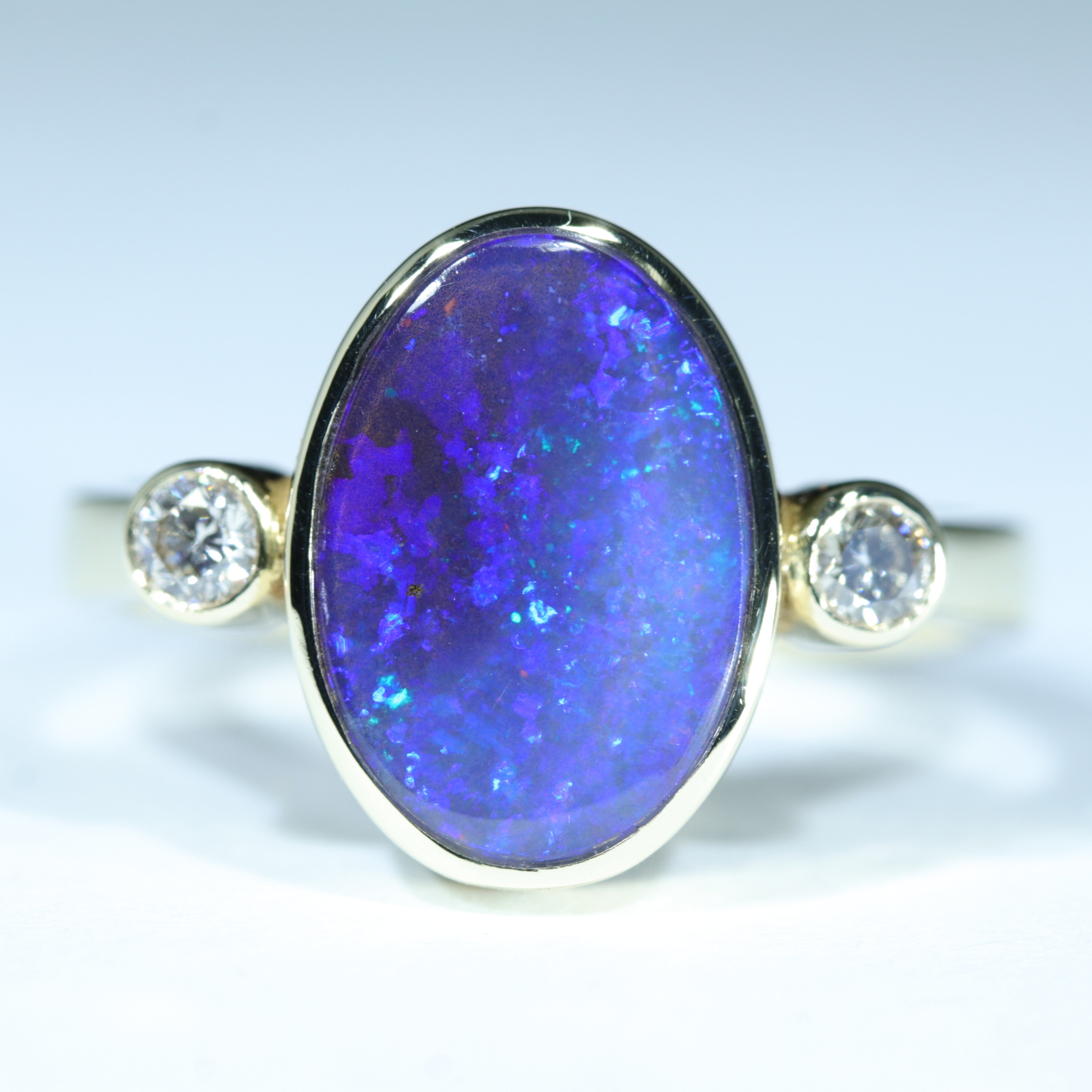 Natural Solid Australian Boulder Opal and Diamond Gold Ring - Size 7.5  US Code - EM187