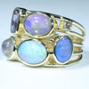 Australian Solid Opal, Tanzanite, Rainbow Moonstone, and Diamond Gold Ring  - Size 7.5 Code - EM197