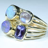 Australian Solid Opal, Tanzanite, Rainbow Moonstone, and Diamond Gold Ring  - Size 7.5 Code - EM197